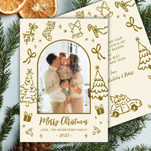 Met de Hand Getekende Boog Foto Goud Beige Prettig Feestdagenkaart