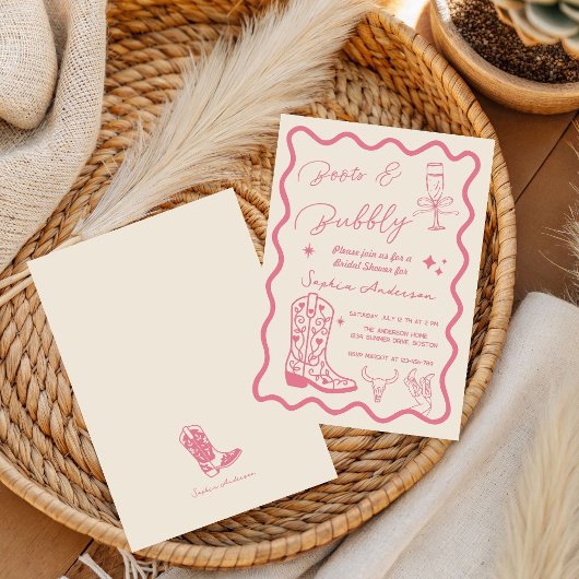 Met de hand getekende 'Boots Bubbly' Rustic Bruilo Kaart
