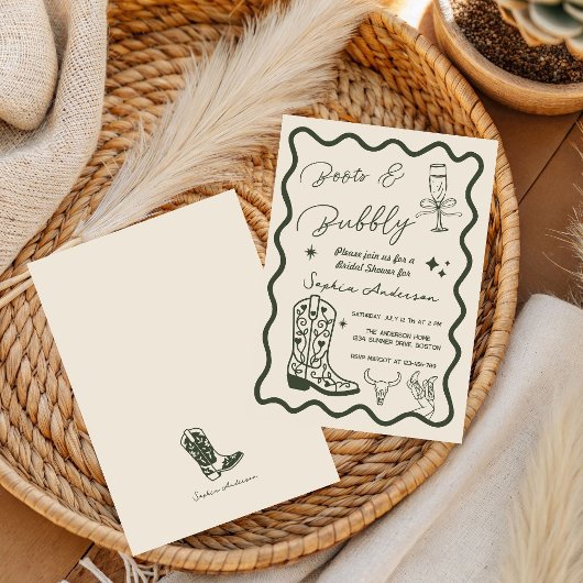 Met de hand getekende 'Boots Bubbly' Rustic Bruilo Kaart