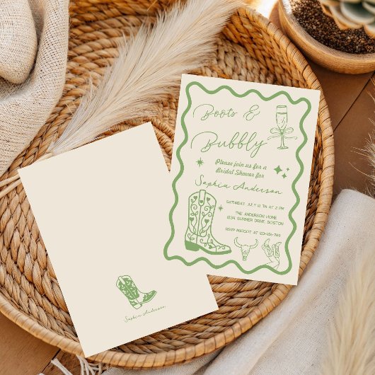 Met de hand getekende 'Boots Bubbly' Rustic Bruilo Kaart