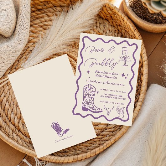 Met de hand getekende 'Boots Bubbly' Rustic Bruilo Kaart