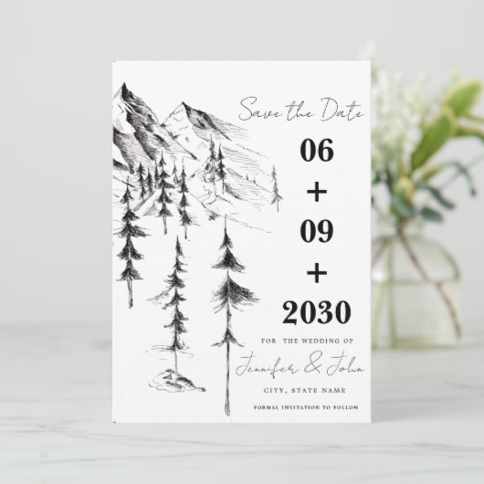 Met de hand getekende bos- en bergbestemming bruil save the date (Staand voorkant)