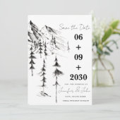 Met de hand getekende bos- en bergbestemming trouw save the date (Staand voorkant)