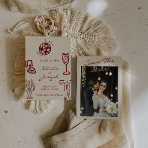 Met de Hand Getekende Bourgondiër Whimsical Foto H Save The Date