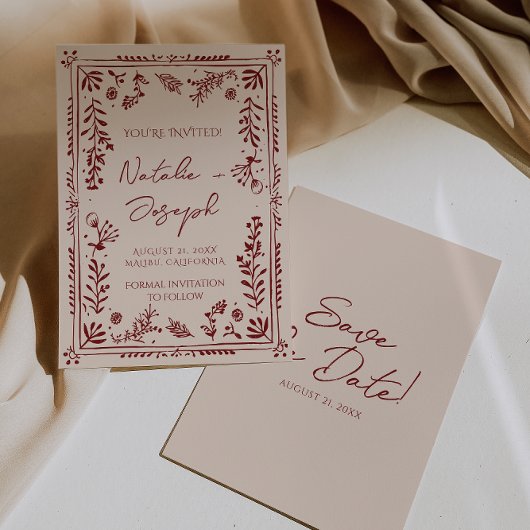Met de Hand Getekende Bourgondiërode Bloemetuin Br Save The Date