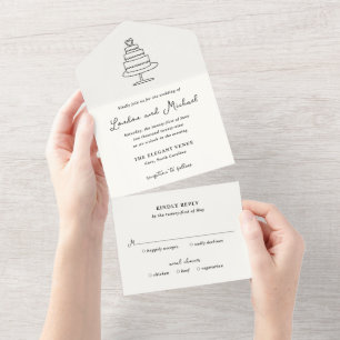 Met de Hand Getekende Cake Doodle Moderne Trouwfee All In One Uitnodiging