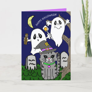 Met de hand getekende cartoon kat Halloween-groete Feestdagen Kaart