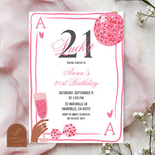 Met de hand getekende Casino Roze Lucky 21 verjaar Kaart
