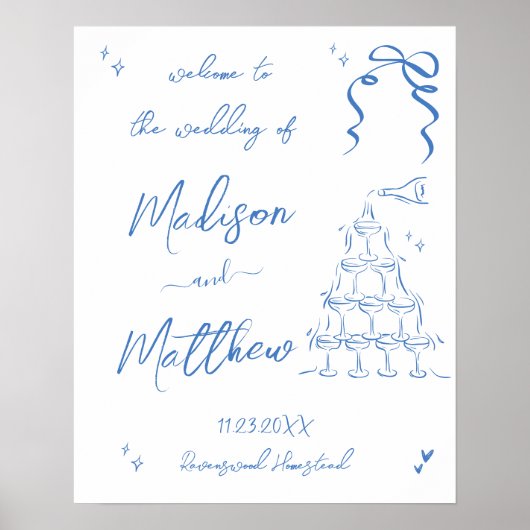 Met de hand getekende champagne bruiloft welkom poster (Voorkant)