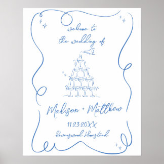 Met de hand getekende champagne bruiloft welkom poster