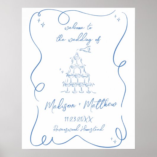 Met de hand getekende champagne bruiloft welkom poster (Voorkant)