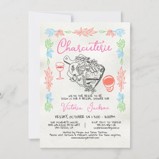 Met de Hand Getekende Charcuterie Bord Bruidsfeest Kaart (Voorkant)