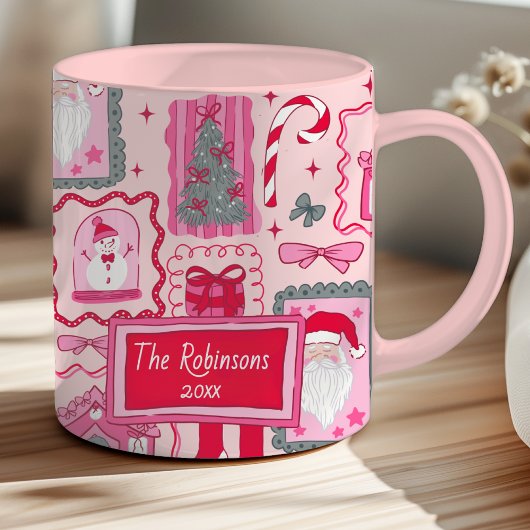 Met de hand getekende coquette krabbel roze kerst mok