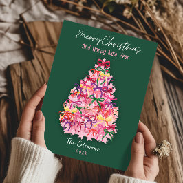 Met de hand getekende coquette strikken boom nieuw feestdagenkaart