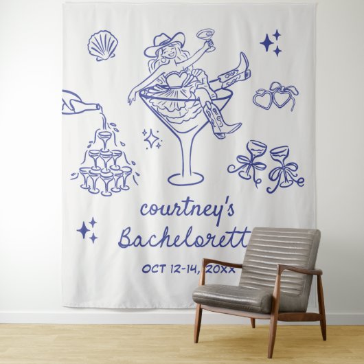 Met de Hand Getekende Cowgirl Bachelorette Weekend Wandkleed (In situ)