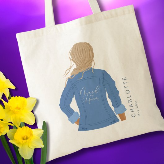 Met de Hand Getekende Denim Jas Blond Haar Bruidsm Tote Bag