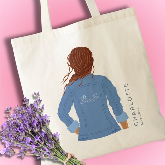 Met de Hand Getekende Denim Jas Rode Haren Bruid Tote Bag