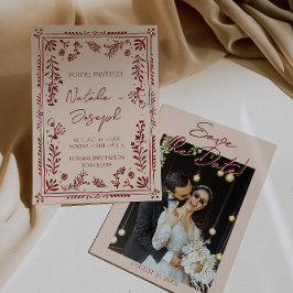 Met de Hand Getekende Diep Rode Bloementuin Foto B Save The Date