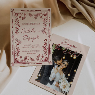 Met de Hand Getekende Diep Rode Bloementuin Foto B Save The Date