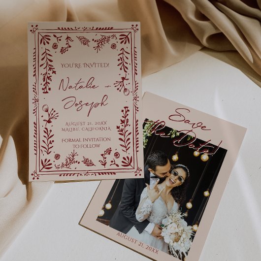 Met de Hand Getekende Diep Rode Bloementuin Foto B Save The Date