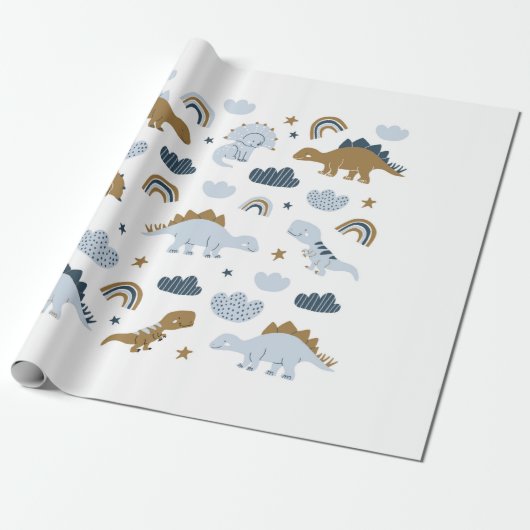 Met de hand getekende dinosaurussen in scandinavis cadeaupapier (Uitgerold)