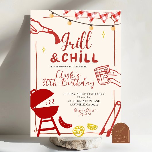 Met de hand getekende Doodle Grill en Chill BBQ-fe Kaart