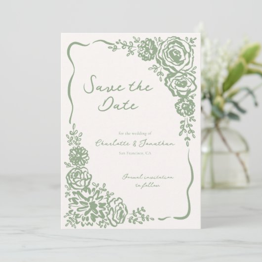 Met de Hand Getekende Fantasievolle Saliegroene Bl Save The Date (Staand voorkant)