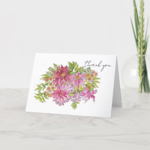 Met de hand getekende felroze bloemenboeket schets bedankkaart