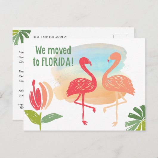 Met de Hand Getekende Flamingo's We verhuisden naa Aankondigingskaart (Voorkant / Achterkant)