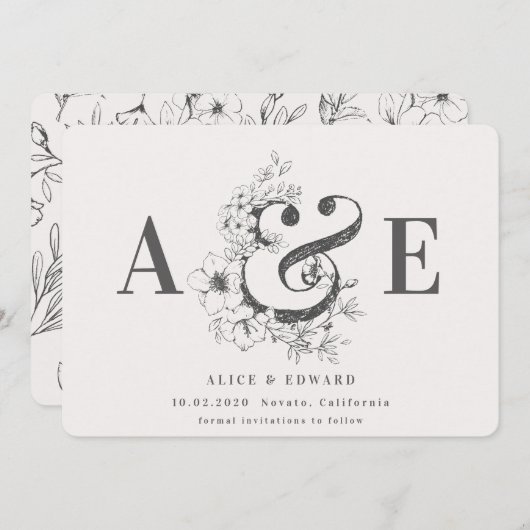 Met de hand getekende florale behalve de datum save the date (Voorkant / Achterkant)