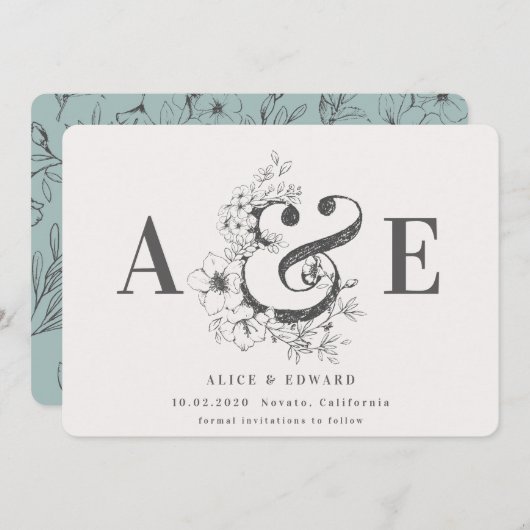 Met de hand getekende florale behalve de datum save the date (Voorkant / Achterkant)