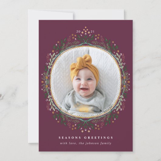 Met de hand getekende Folk Wildflower Wreatefoto Feestdagenkaart (Voorkant)