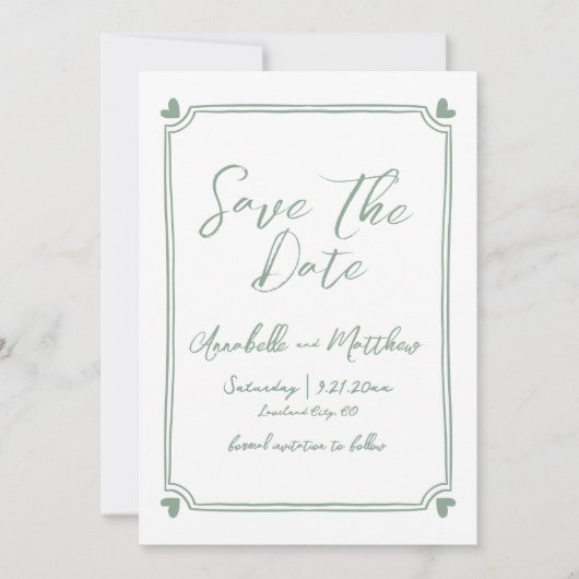 Met de Hand Getekende Foto Groene Whimsical Bruilo Save The Date (Voorkant)