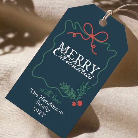 Met de hand getekende frame turquoise Blauwe Kerst Cadeaulabel