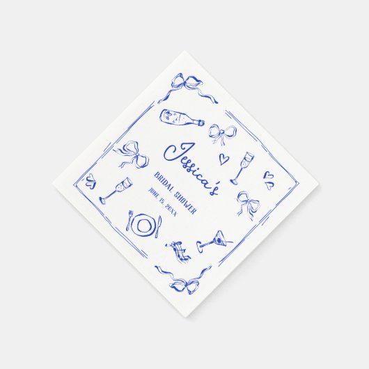 Met de hand getekende Franse blauwe bruidsbrunch F Servet (Hoek)