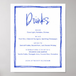 Met de Hand Getekende Franse Blauwe Trouwbar Drank Poster