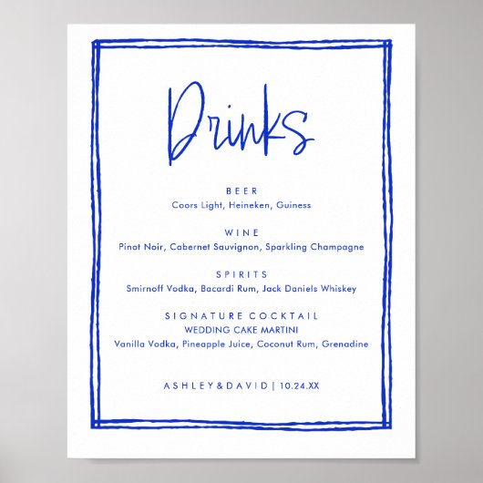 Met de hand getekende Franse blauwe trouwbar-drank Poster (Voorkant)