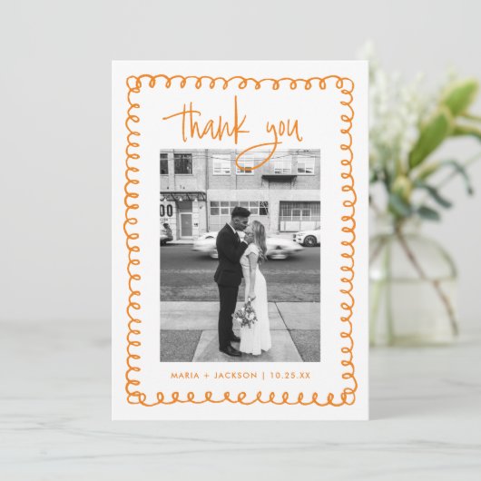 Met de Hand Getekende Franse Oranje Trouwfoto Bedankkaart (Staand voorkant)