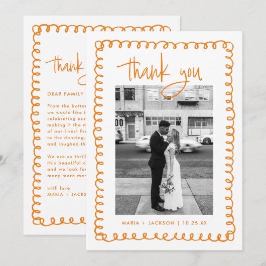 Met de Hand Getekende Franse Oranje Trouwfoto Bedankkaart (Voorkant / Achterkant)