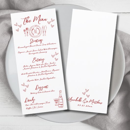 Met de Hand Getekende Franse Rode Whimsical Bruilo Menu