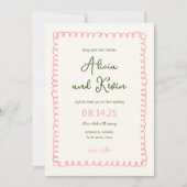 Met de Hand Getekende Franse Roze en Groene Trouw Kaart (Voorkant)