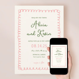 Met de Hand Getekende Franse Roze en Groene Trouw Kaart