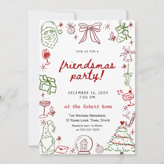 Met de Hand Getekende Friendsmas Kerst Uitnodiging (Voorkant)