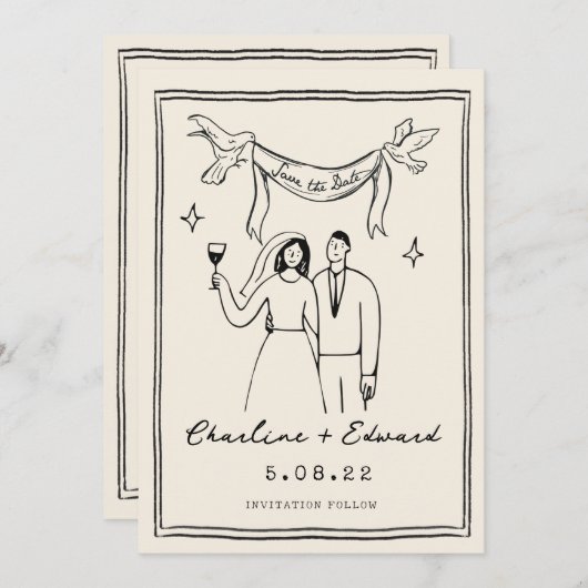 Met de hand getekende funky handschrift save the d save the date (Voorkant / Achterkant)