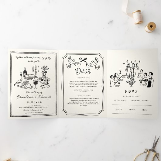 Met de hand getekende funky tekening handgeschreve drieluik aankondiging