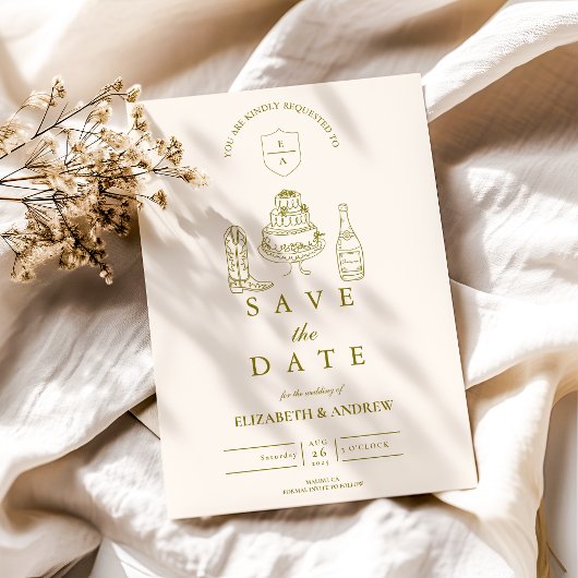 Met de Hand Getekende Funky Western Doodle Bruilof Save The Date