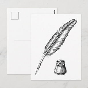 Met de hand getekende ganzenveer met inktpot briefkaart