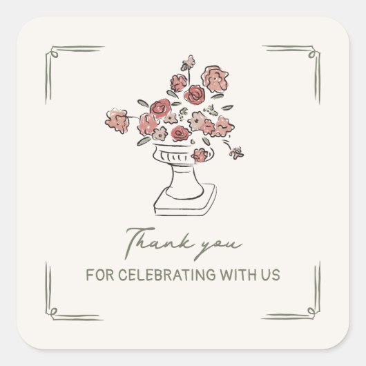 Met de hand getekende gedempte rode salie bloemenv vierkante sticker (Voorkant)