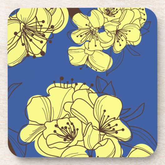 Met de hand getekende gele wilde bloemen op blauw onderzetter (Voorkant)