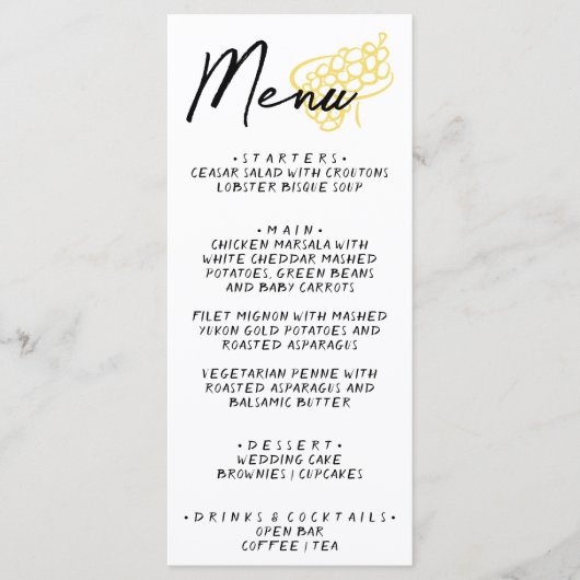 Met de hand getekende gele witte grillige huwelijk menu (Voorkant)